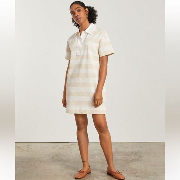 Everlane NWT The Organic Cotton Polo Dress Size Small White and Tan Striped - Picture 3 of 8